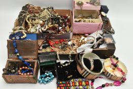 A BOX OF COSTUME JEWELLERY, to include necklaces, bracelets, earrings, brooches, watches,