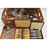 A BOX OF ASSORTED WHITE METAL WARE, to include a cased set of six butter knives, a cased set of fish