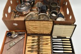 A BOX OF ASSORTED WHITE METAL WARE, to include a cased set of six butter knives, a cased set of fish