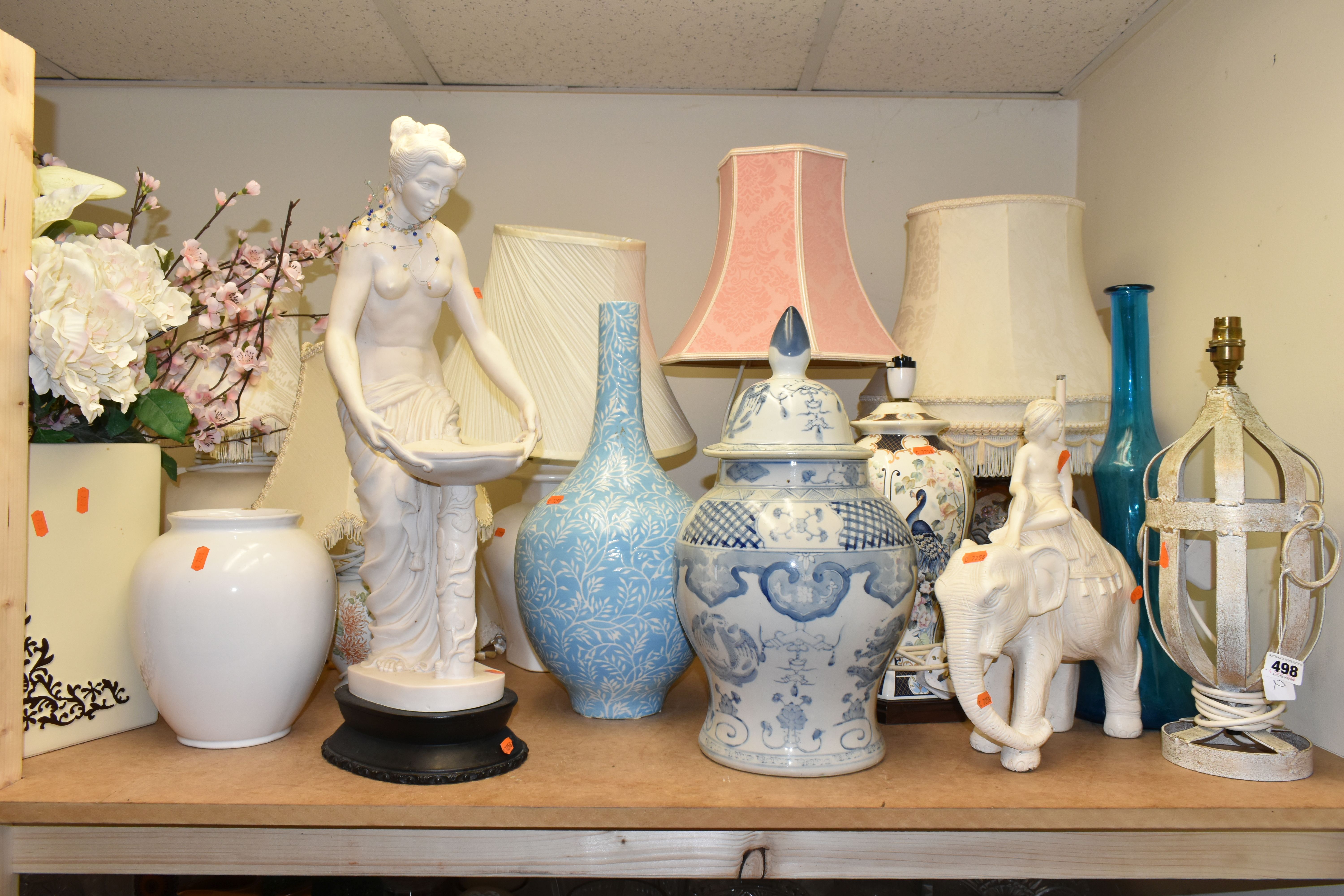 A QUANTITY OF TALL VASES, ORNAMENTS AND TABLE LAMPS, comprising seven table lamps, faux flowers,