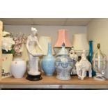 A QUANTITY OF TALL VASES, ORNAMENTS AND TABLE LAMPS, comprising seven table lamps, faux flowers,