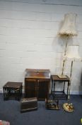 A SELECTION OF OCCASIONAL FURNITURE, to include an oak fall front bureau, a barley twist