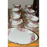 SIX ROYAL ALBERT 'AUTUMN ROSES' TRIOS AND TRAY, comprising six each of tea plates, teacups and