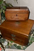 A REGENCY ROSEWOOD SARCOPHAGUS SHAPED TEA CADDY AND AN EARLY 20TH CENTURY OAK EMPTY WALKER & HALL