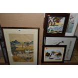 A SMALL COLLECTION OF ORIENTAL PICTURES AND PRINTS ETC, to include an early 20th century Japanese