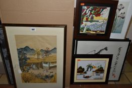 A SMALL COLLECTION OF ORIENTAL PICTURES AND PRINTS ETC, to include an early 20th century Japanese