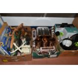 THREE BOXES OF HOUSEHOLD SUNDRIES, PRINTS, PLASTIC IGUANAS, ETC, including boxed Homasy