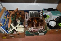 THREE BOXES OF HOUSEHOLD SUNDRIES, PRINTS, PLASTIC IGUANAS, ETC, including boxed Homasy