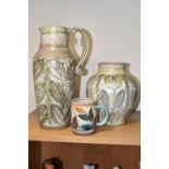 THREE PIECES OF DENBY CERAMICS BY GLYN COLLEDGE, comprising a green and brown jug, height 34cm, a