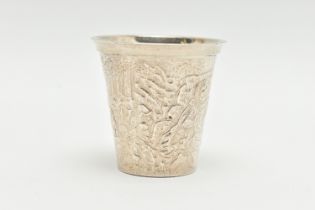 A LATE 19TH CENTURY VODKA CUP, embossed and chased with a continuous band with figures in a
