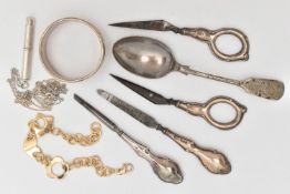A BAG OF ASSORTED ITEMS, to include a silver cigar piercer hallmarked Birmingham, with chain, a pair
