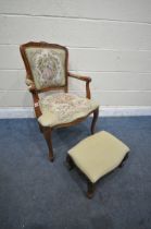 A FRENCH/ITALIAN OPEN ARMCHAIR, with needlework back and seat, and a similar footstool (condition