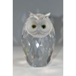 A BOXED SWAROVSKI CRYSTAL GIANT OWL SCULPTURE, with coloured eyes and frosted face, model no 010125,