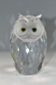 A BOXED SWAROVSKI CRYSTAL GIANT OWL SCULPTURE, with coloured eyes and frosted face, model no 010125,