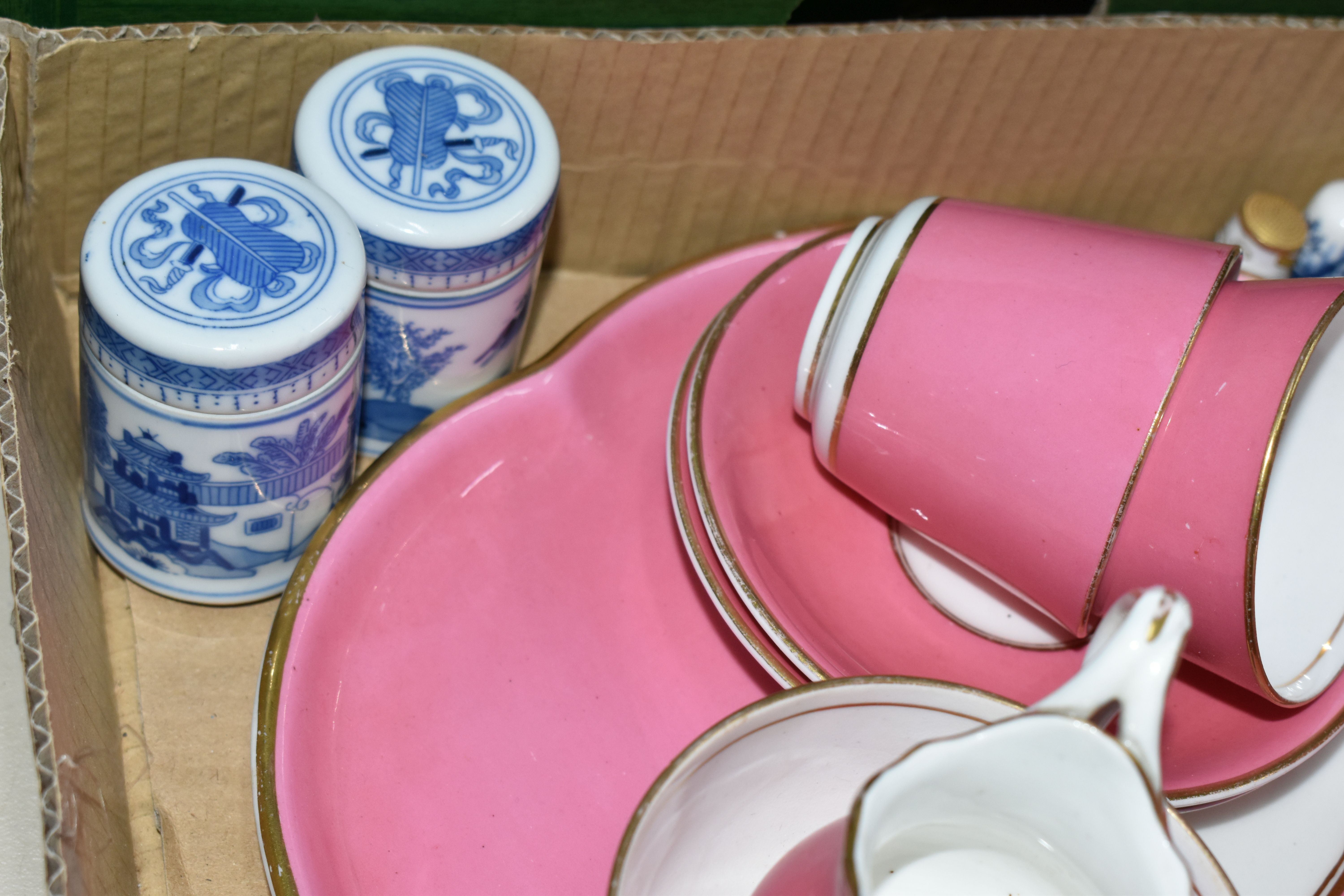 THREE BOXES OF CERAMICS, to include a pink and white gilt tea set of teapot, tray, sugar bowl, - Image 7 of 8