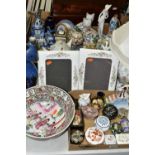 TWO TRAYS OF CERAMICS, to include a Moorcroft bud vase, height 9.5cm decorated with a yellow and