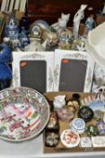 TWO TRAYS OF CERAMICS, to include a Moorcroft bud vase, height 9.5cm decorated with a yellow and