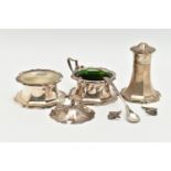 A THREE PIECE SILVER CONDIMENT SET, comprising of a mustard with green glass insert and broken