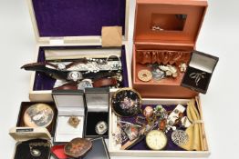 A BOX OF ASSORTED ITEMS, to include a white metal, key wound, open face pocket watch, white dial,