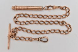 A 9CT GOLD ALBERT CHAIN WITH WATCH KEY, curb link chain most links stamped 9.375, fitted with two