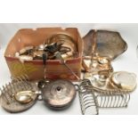 A BOX OF ASSORTED WHITE METAL WARE, to include toast racks, trays, gravy boat, entree dishes, ice