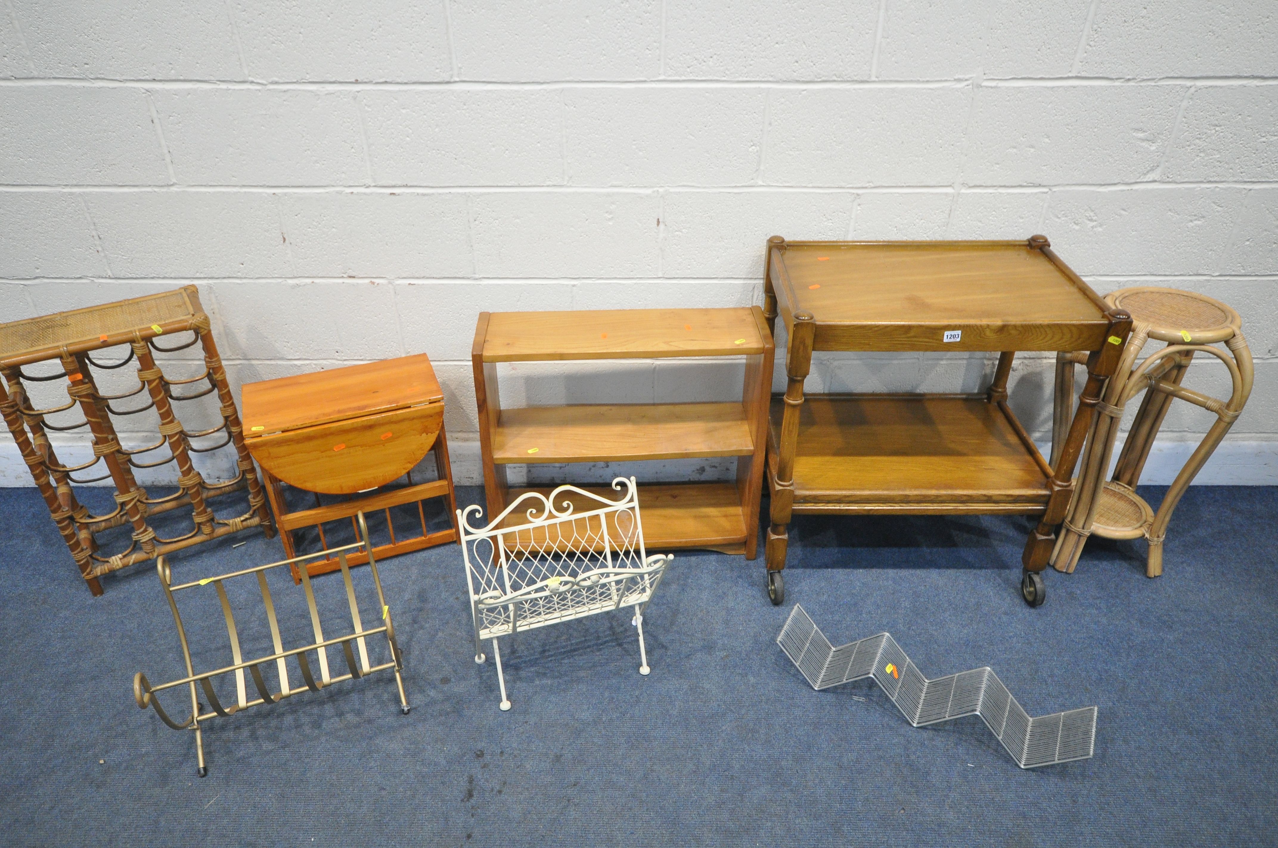 A SELECTION OF OCCASIONAL FURNITURE, to include an oak tea trolley, elm open bookcase, two folding