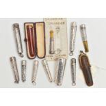 A BAG OF SILVER AND WHITE METAL CHEROOT CASES AND CHEROOTS, to include seven cheroot cases, each