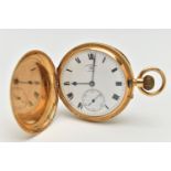 AN EARLY 20TH CENTURY, 18CT GOLD 'ROTHERHAMS' FULL HUNTER POCKET WATCH, manual wind, round white