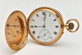 AN EARLY 20TH CENTURY, 18CT GOLD 'ROTHERHAMS' FULL HUNTER POCKET WATCH, manual wind, round white