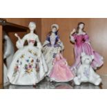 THREE ROYAL DOULTON FIGURINES, A COALPORT FIGURINE AND AN AYNSLEY TEDDY BEAR FIGURE, comprising