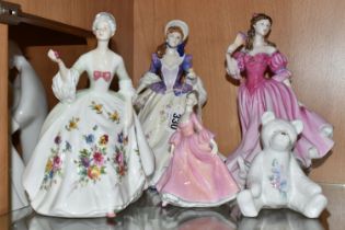 THREE ROYAL DOULTON FIGURINES, A COALPORT FIGURINE AND AN AYNSLEY TEDDY BEAR FIGURE, comprising