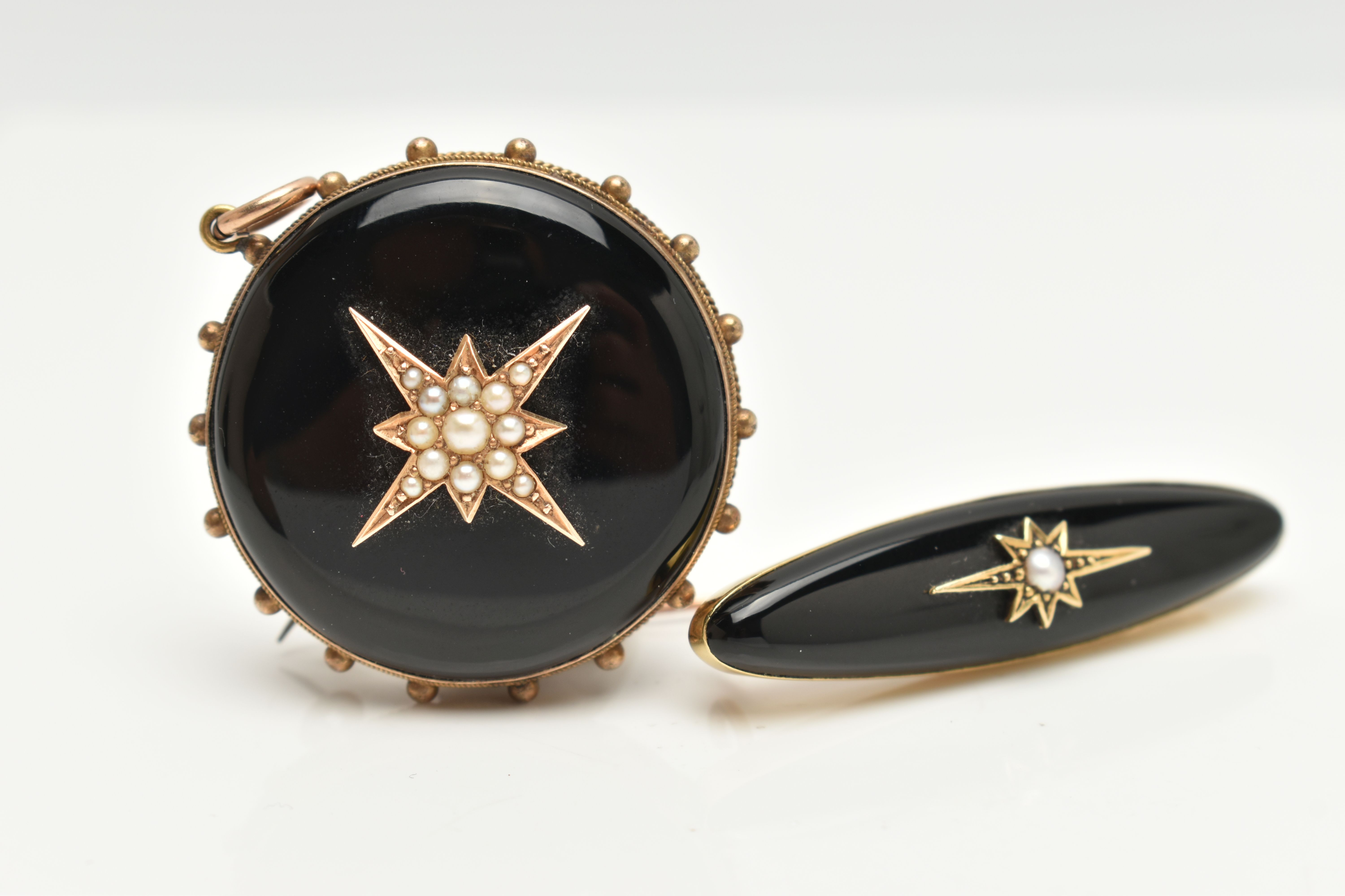 TWO LATE VICTORIAN ONYX AND SPLIT PEARL MEMORIAL BROOCHES, the first of circular outline with - Image 4 of 4