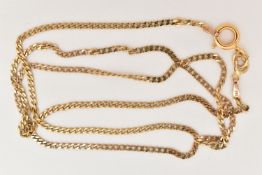 A 9CT GOLD CURB LINK CHAIN, fine flat curb link chain, fitted with a base metal spring clasp not