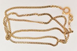 A 9CT GOLD CURB LINK CHAIN, fine flat curb link chain, fitted with a base metal spring clasp not