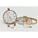 TWO LADYS WRISTWATCHES, A NECKLACE AND AN OPEN FACE POCKET WATCH, to include a 9ct gold 'Hirco'