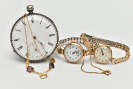 TWO LADYS WRISTWATCHES, A NECKLACE AND AN OPEN FACE POCKET WATCH, to include a 9ct gold 'Hirco'