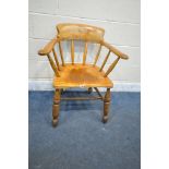 A 19TH CENTURY FRUITWOOD SMOKERS/CAPTAINS CHAIR, possibly olive wood (condition - aged wear and