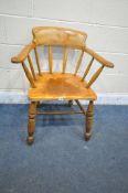 A 19TH CENTURY FRUITWOOD SMOKERS/CAPTAINS CHAIR, possibly olive wood (condition - aged wear and