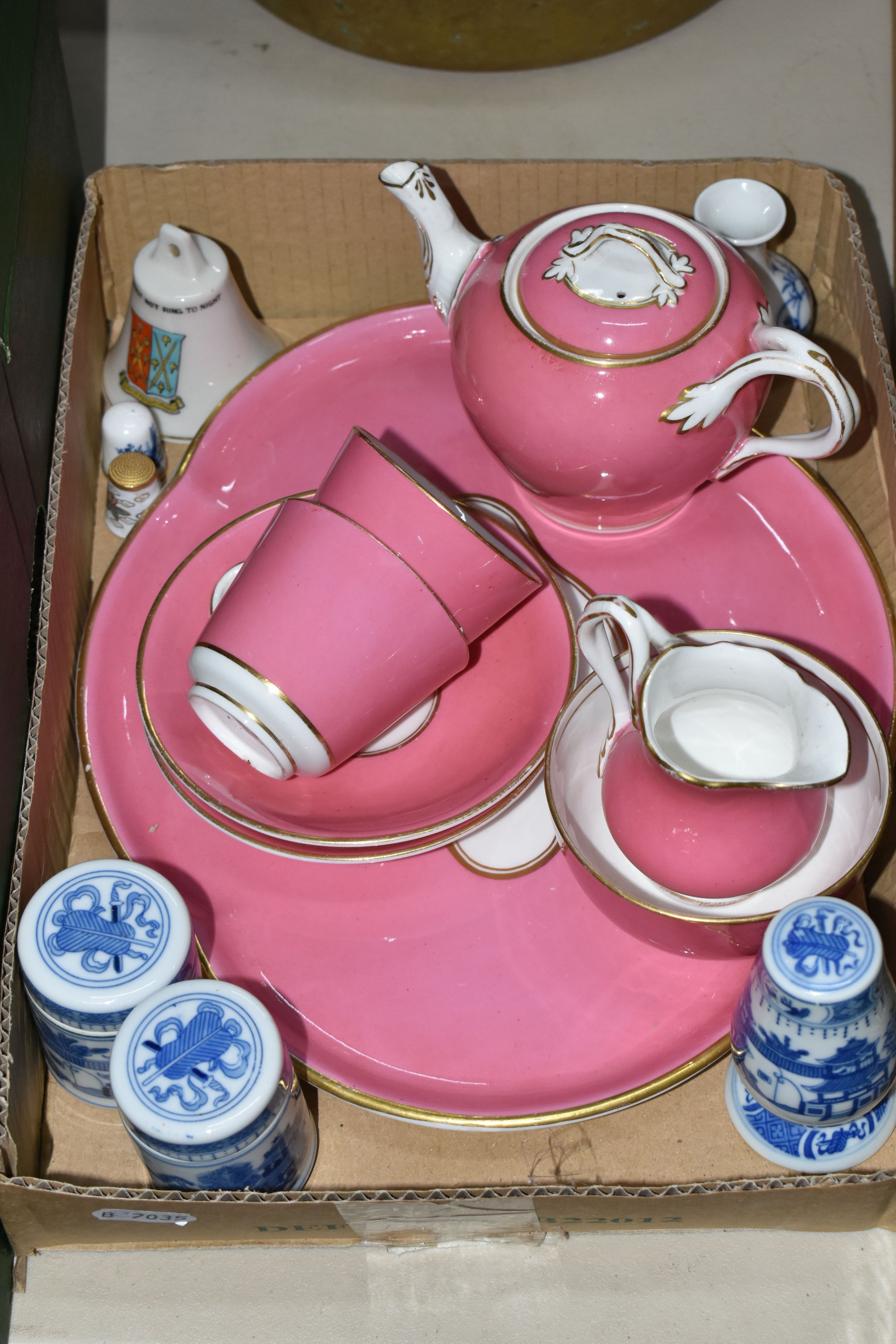 THREE BOXES OF CERAMICS, to include a pink and white gilt tea set of teapot, tray, sugar bowl, - Image 2 of 8