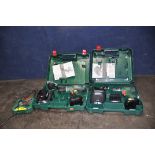 A CASED BOSCH PSB-L18Li2 CORDLESS DRILL with two batteries and charger, a cased PSB1800Li 2 cordless