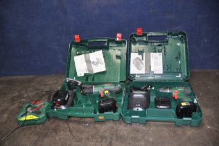 A CASED BOSCH PSB-L18Li2 CORDLESS DRILL with two batteries and charger, a cased PSB1800Li 2 cordless