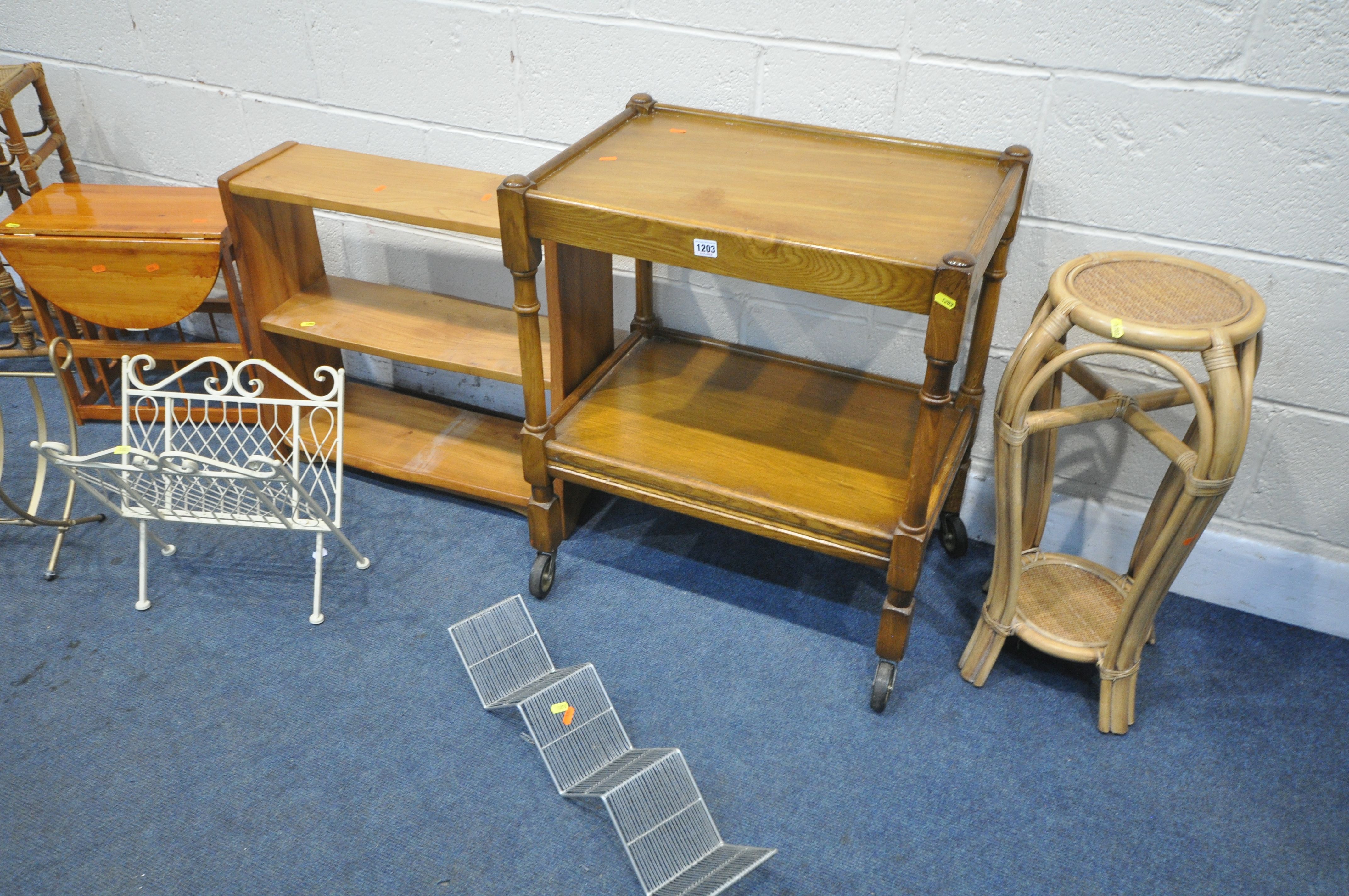 A SELECTION OF OCCASIONAL FURNITURE, to include an oak tea trolley, elm open bookcase, two folding - Image 2 of 3