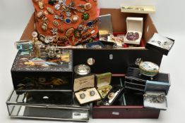 A BOX OF COSTUME JEWELLERY, to include an orange cushion pinned with various brooches, together with
