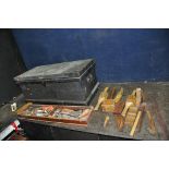 A VINTAGE WOODEN CARPENTERS TOOLBOX CONTAINING TOOLS including mostly bespoke wooden tools width