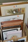 A QUANTITY OF PAINTINGS AND PRINTS IN TWO BOXES AND LOOSE, including Peter Woodford (British late