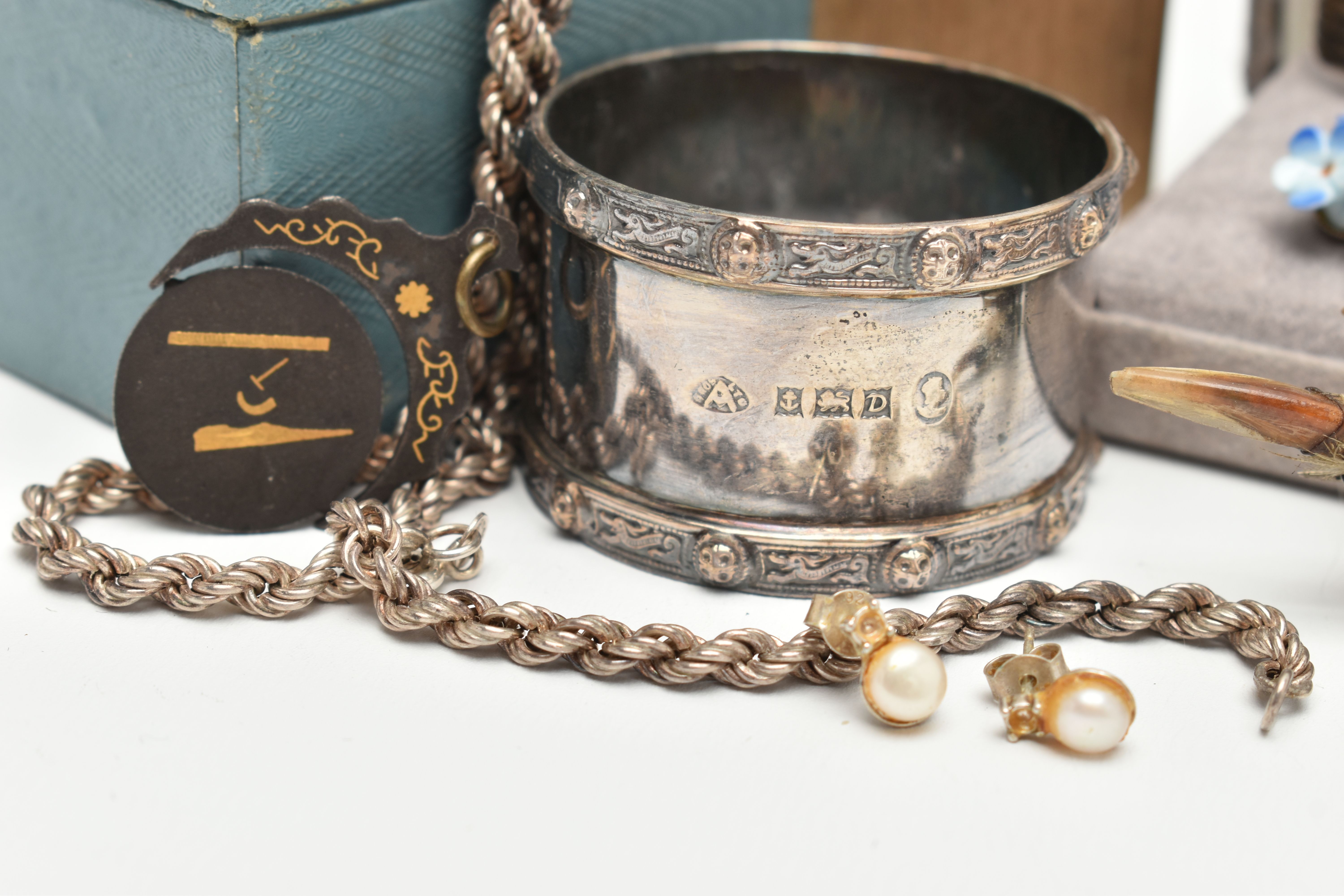 A BAG OF ASSORTED ITEMS, to include a boxed single silver napkin ring, engraved initials, hallmarked - Image 3 of 7