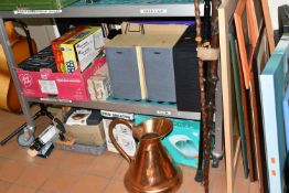 THREE BOXES AND LOOSE GUITAR, RECORDS, CDS AND SUNDRY ITEMS, to include a boxed music stand, a