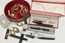A BOX OF ASSORTED ITEMS, to include a cultured pearl necklace fitted with yellow metal lobster