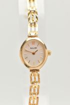 A LADYS 9CT GOLD 'ACCURIST' WRISTWATCH, quartz movement, oval silver dial signed 'Accurist', Roman