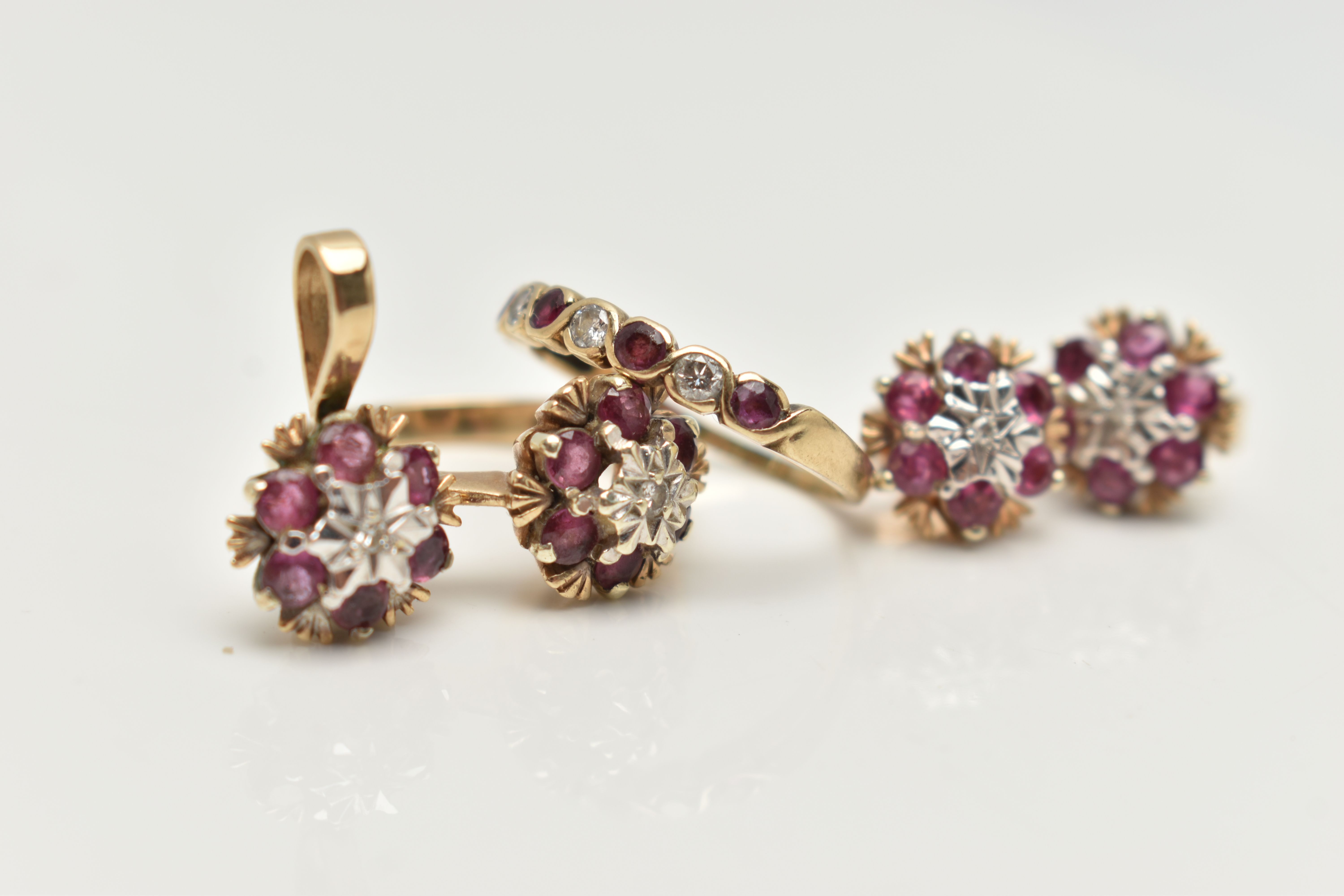 TWO 9CT GOLD RUBY AND DIAMOND RINGS, EARRINGS AND A PENDANT, the first a cluster ring, set with a - Image 2 of 4